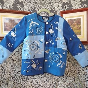 Indigo Moon blue block pattern boho embroidery vintage jacket shoulder pads